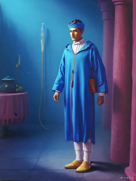 full body, concept art, Groovy Fairy-Tale Deep-Sea Diver (The Eloi:1.3) , he is wearing a djellaba, his djellaba is electric blue, It has Network trimmings on it, Intensive pink Smartwatch, Bowtie, Angular reeds in background, adobe lightroom, deep focus, photolab, Calotype, lots of details, highly detailed, art by ilya kuvshinov and Yanjun Cheng, <lora:AJLABIY:1> jlby-xl