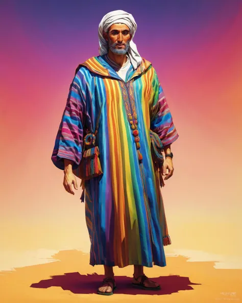 stylized by Dan Mumford, Artgerm, Greg Rutkowski and Andy Warhol, masterpiece, lanky (Male Guru:1.1) , he is dressed in Norse colorful djellaba, his colorful djellaba is Rainbow, Rainbow hair, octane engine, unreal engine, professional, Best quality, <lora:AJLABIY:1> jlby-xl