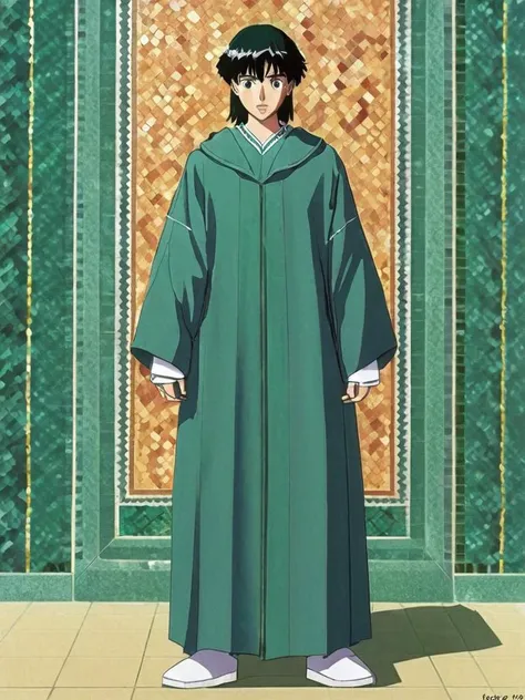 full body, of a masterpiece, Kagome Higurashi, he is wearing his Futuristic jlby-xl, long Djellaba , It looks Sleek on him, Warmcore, <lora:AJLABIY.safetensors:1>, the background is made of mosaic patterns