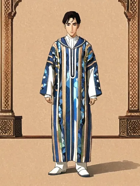 full body, of a masterpiece, Conan Edogawa, he is wearing his Futuristic jlby-xl, long Djellaba , It looks Sleek on him, Warmcore, <lora:AJLABIY.safetensors:1>, the background is made of mosaic patterns
