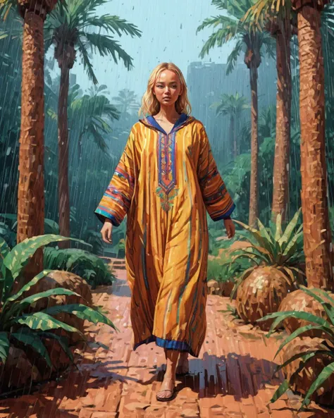 art by Atey Ghailan, Loish, Bryan Lee O'Malley, Cliff Chiang and Greg Rutkowski, full-figured Tanzanian (Gemma Ward of Haste:1.1) , she is wearing Mongolian colorful djellaba, Palm tree background, arthouse, Raining, deep focus, wallpaper, Visual novel, L USM, 8K, 4K, <lora:AJLABIY:1> jlby-xl