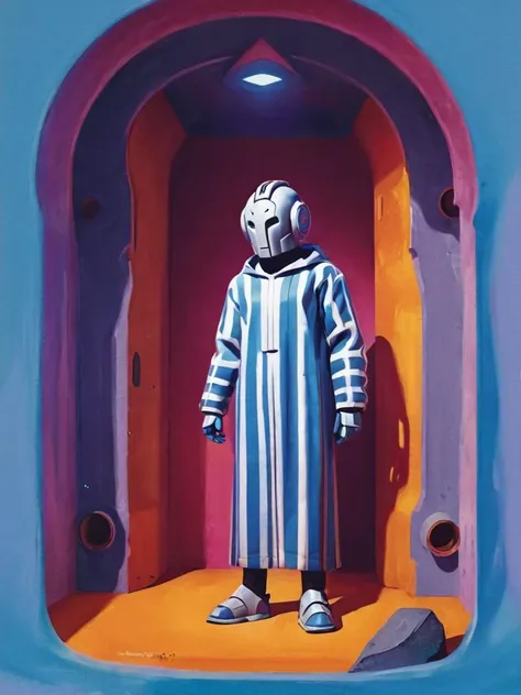 full body, Gigantic Young slim (Male Cyberman:1.2) , wearing djellaba, Smartwatch, Horns, inside a Distorted Playhouse, Concept Art World, Sharp and in focus, art by beeple, noah bradley, cyril roland and ross tran, ultra high res, Cosy, Abstract Expressionism, Ektachrome, award winning, Highres, manly, <lora:AJLABIY:1> jlby-xl