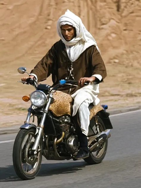 full body, Cosy, Dutch angle shot of a skinny Digital Age (Male:1.2) driving a Motorcycle, wearing djellaba, his djellaba is inspired by fashion, at Midday, in focus, Ambient lighting, [digital art by Loish, J.C. Leyendecker::4], funny, emotional, <lora:AJLABIY:1> jlby-xl