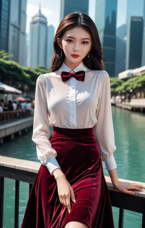 cinematic photo of high definition photo,ultra detailed skin,ultra detailed face,1girl from hongkong,outdoors,scenery of hong kong city,blush,20yo,applying makeup,(Velvet_midi_skirt:1.5),(Satin_blouse_with_bow_tie:1.4),(Pointed-toe_mules:1.3),watery_eyes,medium hair,<lora:gzl_XL_0_-000003:1>, gzl,, 35mm photograph, film, bokeh, professional, 4k, highly detailed