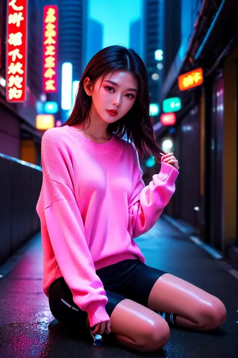 cyberpunk cityscape, high definition photo,ultra detailed skin,ultra detailed face,1girl from hongkong,outdoors,scenery of hong kong city,blush,20yo,applying makeup,(Oversized_sweater:1.4),(Leggings:1.3),(Slip-on_sneakers:1.2),watery_eyes,medium hair,<lora:gzl_XL_0_-000003:1.1>, gzl,, neon lights, dark alleys, skyscrapers, futuristic, vibrant colors, high contrast, highly detailed