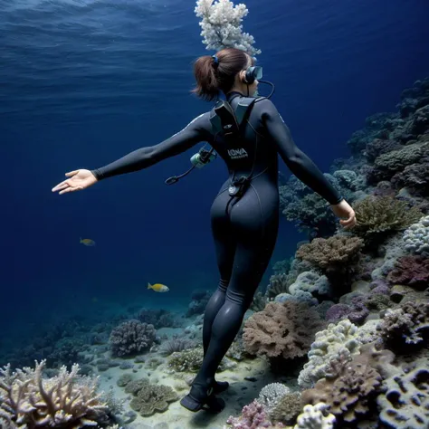 1girl, solo, dynamic angle, masterpiece, Realistic , beautiful detailed hands, realistic light, ultra detailed, disheveled hair, from behind, high quality, UHD, shadow, 19 years old Korean girl, wetsuit, small chest, a skinny figure, (photorealistic:1.4), full-body photograph, free diving, <lora:FDDeepOcean:0.4>, underwater