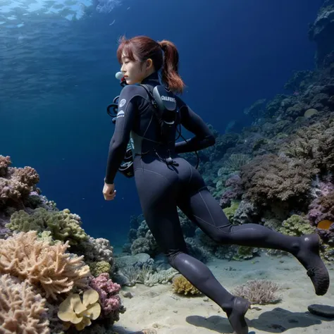 1girl, solo, dynamic angle, masterpiece, Realistic , beautiful detailed hands, realistic light, ultra detailed, disheveled hair, from behind, high quality, UHD, shadow, 19 years old Korean girl, wetsuit, small chest, a skinny figure, (photorealistic:1.4), full-body photograph, free diving, <lora:FDDeepOcean:0.4>, underwater