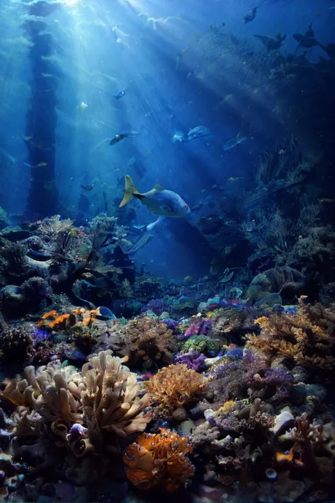 realistic photo of the deep sea, underwater, sun rays, colorful fish swimming, submarine, (masterpiece:1.1), (best quality:1.1), beautiful, (intricate details), unity 8k wallpaper, ultra detailed, aesthetic, romantic lighting, candles, lighting, candid photo, <lora:FDDeepOcean:0.7>