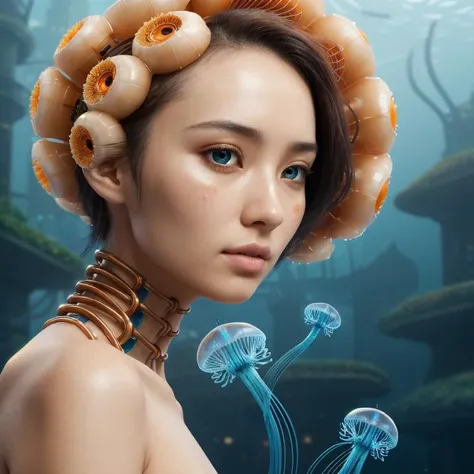 Food photography style, Medium close-up,girl, young asian woman, iris van herpen, beautiful face, perfect symmetrical body, full body shot, inflateble shapes, wires, tubes, veins, jellyfish, white biomechanical details, wearing epic bionic cyborg implants, masterpiece, intricate, biopunk, vogue, highly detailed, artstation, concept art, cyberpunk, octane render, extremely detailed face eyes nose lips,extremely detailed tits, extremely detailed natural skin texture,<lora:GoodHands-beta2:1>, background a street scene undersea world with a lot of buildings and a lot of people  going by <lora:FDDeepOcean:1>, Appetizing, professional, culinary, high-resolution, commercial, highly detailed