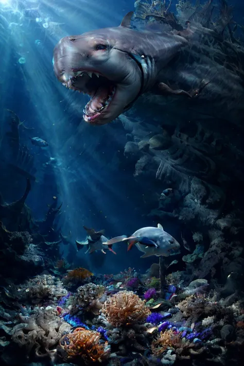 realistic photo of the deep sea, underwater, sun rays, large shark, sharp teeth, mouth open, scary, (masterpiece:1.1), (best quality:1.1), beautiful, (intricate details), unity 8k wallpaper, ultra detailed, aesthetic, romantic lighting, candles, lighting, candid photo,  <lora:FDDeepOcean:0.7>