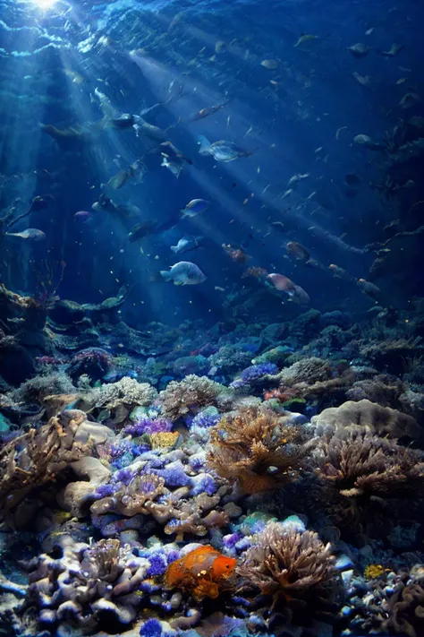 realistic photo of the deep sea, underwater, sun rays, colorful fish swimming, submarine, (masterpiece:1.1), (best quality:1.1), beautiful, (intricate details), unity 8k wallpaper, ultra detailed, aesthetic, romantic lighting, candles, lighting, candid photo,  <lora:FDDeepOcean:0.7>