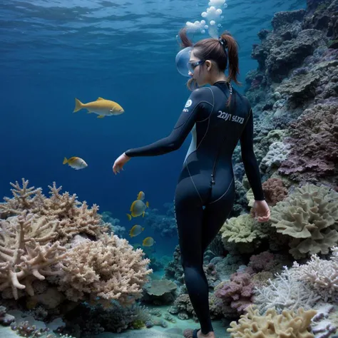 1girl, solo, dynamic angle, masterpiece, Realistic , beautiful detailed hands, realistic light, ultra detailed, disheveled hair, from behind, high quality, UHD, shadow, 19 years old Korean girl, wetsuit, small chest, a skinny figure, (photorealistic:1.4), full-body photograph, free diving, <lora:FDDeepOcean:0.4>, underwater