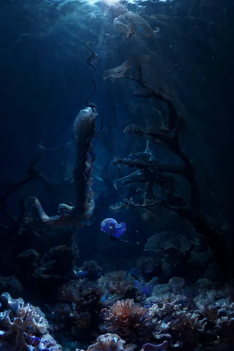 realistic photo of the deep sea, underwater, night time, moonlight, glowing jellyfish, phosphorescent, (masterpiece:1.1), (best quality:1.1), beautiful, (intricate details), unity 8k wallpaper, ultra detailed, aesthetic, romantic lighting, candles, lighting, candid photo,  <lora:FDDeepOcean:0.65>