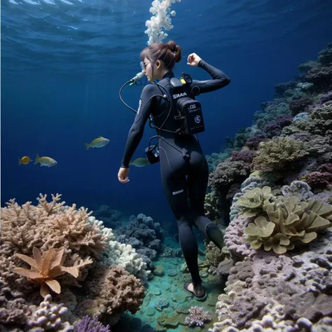 1girl, solo, dynamic angle, masterpiece, Realistic , beautiful detailed hands, realistic light, ultra detailed, disheveled hair, from behind, high quality, UHD, shadow, 19 years old Korean girl, wetsuit, small chest, a skinny figure, (photorealistic:1.4), full-body photograph, free diving, <lora:FDDeepOcean:0.4>, underwater