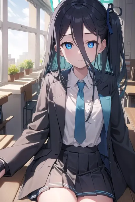 bluearchivearis, <lyco:bluearchivearis-lyco-nochekaiser:1>,
aris, black hair, blue eyes, hair between eyes, halo, long hair, one side up, hair ribbon, (flat chest:1.2),
BREAK necktie, blue necktie, jacket, skirt, school uniform, white shirt, collared shirt, black skirt, white jacket, long sleeves,
BREAK looking at viewer,
BREAK indoors, classroom,
BREAK <lyco:GoodHands-beta2:1>, (masterpiece:1.2), best quality, high resolution, unity 8k wallpaper, (illustration:0.8), (beautiful detailed eyes:1.6), extremely detailed face, perfect lighting, extremely detailed CG, (perfect hands, perfect anatomy),