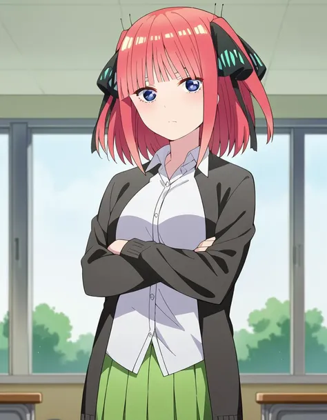 score_9, score_8_up, score_7_up, source_anime,
ninonakano, <lora:nino-nakano-s2-ponyxl-lora-nochekaiser:1>,
nino nakano, short hair, bangs, blue eyes, hair ornament, hair ribbon, pink hair, blunt bangs, two side up, butterfly hair ornament, mature female,
skirt, shirt, long sleeves, white shirt, pleated skirt, open clothes, collared shirt, sleeves past wrists, dress shirt, cardigan, green skirt, open cardigan, black cardigan,
indoors, classroom, crossed arms,
looking at viewer, cowboy shot, dutch angle, solo,