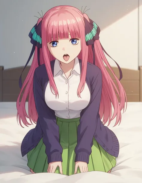 score_9, score_8_up, score_7_up, source_anime,
ninonakano, <lora:nino-nakano-s1-ponyxl-lora-nochekaiser:1>,
nino nakano, long hair, bangs, blue eyes, hair ornament, hair ribbon, pink hair, blunt bangs, two side up, butterfly hair ornament, mature female,
skirt, shirt, long sleeves, white shirt, pleated skirt, open clothes, collared shirt, sleeves past wrists, dress shirt, cardigan, open cardigan, black cardigan, skirt, green skirt,
indoors, bed room, bed, closed mouth, open mouth, tongue,
looking at viewer, kneeling,