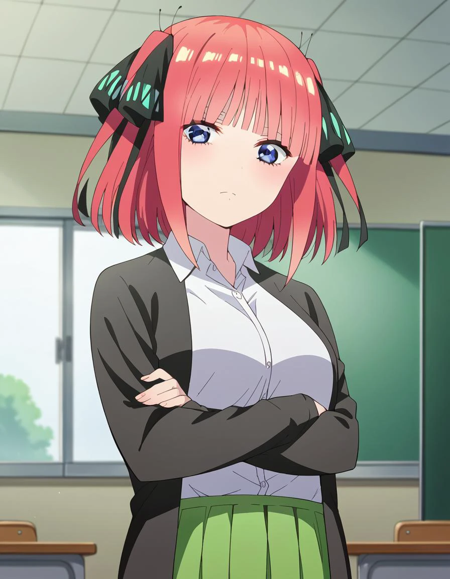 score_9, score_8_up, score_7_up, source_anime,
ninonakano, <lora:nino-nakano-s2-ponyxl-lora-nochekaiser:1>,
nino nakano, short hair, bangs, blue eyes, hair ornament, hair ribbon, pink hair, blunt bangs, two side up, butterfly hair ornament, mature female,
skirt, shirt, long sleeves, white shirt, pleated skirt, open clothes, collared shirt, sleeves past wrists, dress shirt, cardigan, green skirt, open cardigan, black cardigan,
indoors, classroom, crossed arms,
looking at viewer, cowboy shot, dutch angle, solo,