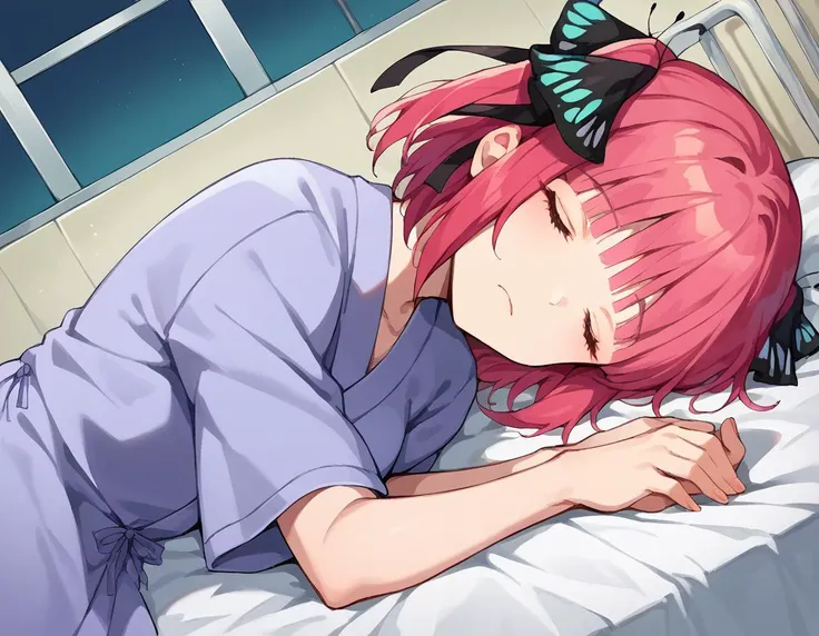 score_9, score_8_up, score_7_up, source_anime,
ninonakano, <lora:nino-nakano-pruned-ponyxl-lora-nochekaiser:1>,
nino nakano, short hair, bangs, hair ornament, hair ribbon, pink hair, blunt bangs, two side up, butterfly hair ornament, mature female,
<lora:hospital-gown-ponyxl-lora-nochekaiser:1>, hospital gown, bed, hospital bed, closed eyes, sleeping, lying on side,
looking at viewer, cowboy shot, dutch angle,
