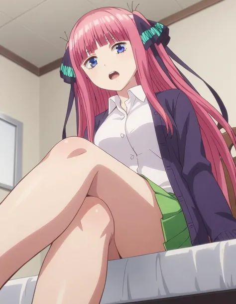 score_9, score_8_up, score_7_up, source_anime,
ninonakano, <lora:nino-nakano-s1-ponyxl-lora-nochekaiser:1>,
nino nakano, long hair, bangs, blue eyes, hair ornament, hair ribbon, pink hair, blunt bangs, two side up, butterfly hair ornament, mature female, open mouth,
skirt, shirt, long sleeves, white shirt, pleated skirt, open clothes, collared shirt, sleeves past wrists, dress shirt, cardigan, green skirt, open cardigan, black cardigan,
indoors, bed room, sitting, foot, chair, crossed legs, feet, bare foot,
looking at viewer, from below, solo,