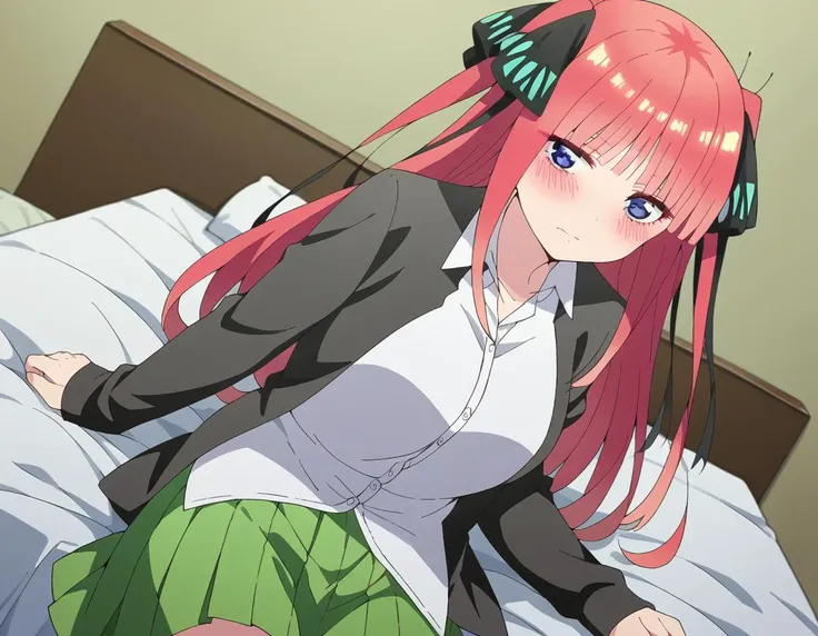 score_9, score_8_up, score_7_up, source_anime,
ninonakano, <lora:nino-nakano-s2-ponyxl-lora-nochekaiser:1>,
nino nakano, long hair, bangs, blue eyes, hair ornament, hair ribbon, pink hair, blunt bangs, two side up, butterfly hair ornament, mature female,
skirt, shirt, long sleeves, white shirt, pleated skirt, open clothes, collared shirt, sleeves past wrists, dress shirt, cardigan, green skirt, open cardigan, black cardigan,
indoors, bed, bed room, on side, blush, drunk,
looking at viewer, cowboy shot, dutch angle, solo,
