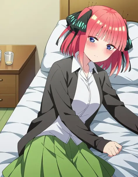 score_9, score_8_up, score_7_up, source_anime,
ninonakano, <lora:nino-nakano-s2-ponyxl-lora-nochekaiser:1>,
nino nakano, short hair, bangs, blue eyes, hair ornament, hair ribbon, pink hair, blunt bangs, two side up, butterfly hair ornament, mature female,
skirt, shirt, long sleeves, white shirt, pleated skirt, open clothes, collared shirt, sleeves past wrists, dress shirt, cardigan, green skirt, open cardigan, black cardigan,
indoors, bed, bed room, on side, blush, drunk,
looking at viewer, cowboy shot, dutch angle, solo,