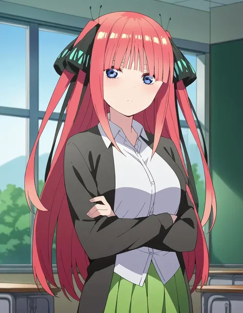 score_9, score_8_up, score_7_up, source_anime,
ninonakano, <lora:nino-nakano-s2-ponyxl-lora-nochekaiser:1>,
nino nakano, long hair, bangs, blue eyes, hair ornament, hair ribbon, pink hair, blunt bangs, two side up, butterfly hair ornament, mature female,
skirt, shirt, long sleeves, white shirt, pleated skirt, open clothes, collared shirt, sleeves past wrists, dress shirt, cardigan, green skirt, open cardigan, black cardigan,
indoors, classroom, crossed arms,
looking at viewer, cowboy shot, dutch angle, solo,