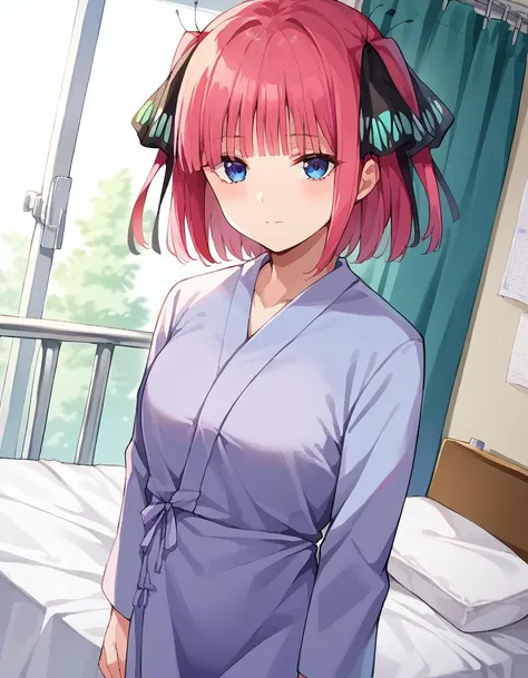 score_9, score_8_up, score_7_up, source_anime,
ninonakano, <lora:nino-nakano-pruned-ponyxl-lora-nochekaiser:1>,
nino nakano, short hair, bangs, hair ornament, hair ribbon, pink hair, blunt bangs, two side up, butterfly hair ornament, mature female,
<lora:hospital-gown-ponyxl-lora-nochekaiser:1>, hospital gown, bed, hospital bed, standing, intravenous drip,
looking at viewer, cowboy shot, dutch angle,