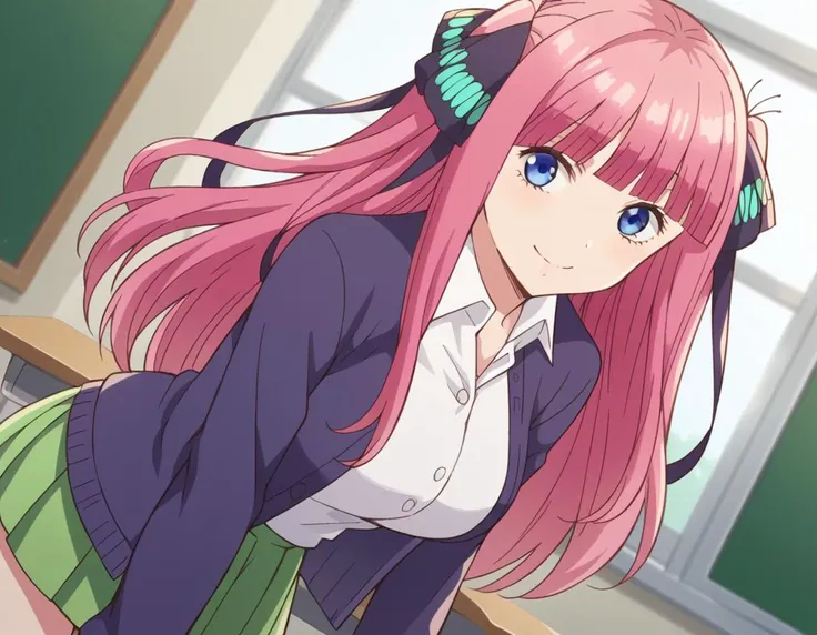 score_9, score_8_up, score_7_up, source_anime,
ninonakano, <lora:nino-nakano-s1-ponyxl-lora-nochekaiser:1>,
nino nakano, long hair, bangs, blue eyes, hair ornament, hair ribbon, pink hair, blunt bangs, two side up, butterfly hair ornament, mature female,
skirt, shirt, long sleeves, white shirt, pleated skirt, open clothes, collared shirt, sleeves past wrists, dress shirt, cardigan, green skirt, open cardigan, black cardigan,
indoors, classroom, bent over, smile,
looking at viewer, cowboy shot, dutch angle, solo,