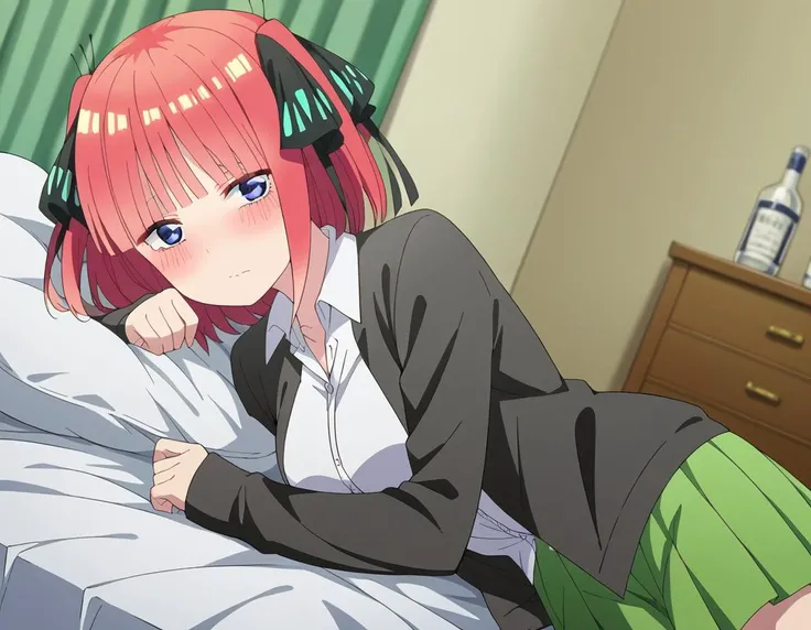 score_9, score_8_up, score_7_up, source_anime,
ninonakano, <lora:nino-nakano-s2-ponyxl-lora-nochekaiser:1>,
nino nakano, short hair, bangs, blue eyes, hair ornament, hair ribbon, pink hair, blunt bangs, two side up, butterfly hair ornament, mature female,
skirt, shirt, long sleeves, white shirt, pleated skirt, open clothes, collared shirt, sleeves past wrists, dress shirt, cardigan, green skirt, open cardigan, black cardigan,
indoors, bed, bed room, on side, blush, drunk,
looking at viewer, cowboy shot, dutch angle, solo,