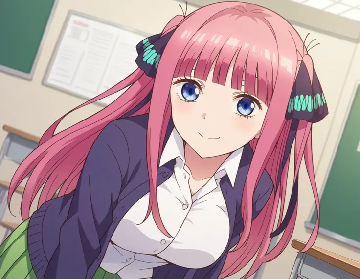 score_9, score_8_up, score_7_up, source_anime,
ninonakano, <lora:nino-nakano-s1-ponyxl-lora-nochekaiser:1>,
nino nakano, long hair, bangs, blue eyes, hair ornament, hair ribbon, pink hair, blunt bangs, two side up, butterfly hair ornament, mature female,
skirt, shirt, long sleeves, white shirt, pleated skirt, open clothes, collared shirt, sleeves past wrists, dress shirt, cardigan, green skirt, open cardigan, black cardigan,
indoors, classroom, bent over, smile,
looking at viewer, cowboy shot, dutch angle, solo,