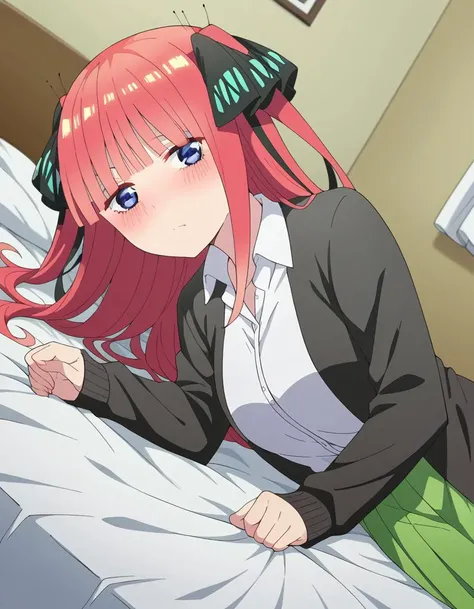 score_9, score_8_up, score_7_up, source_anime,
ninonakano, <lora:nino-nakano-s2-ponyxl-lora-nochekaiser:1>,
nino nakano, long hair, bangs, blue eyes, hair ornament, hair ribbon, pink hair, blunt bangs, two side up, butterfly hair ornament, mature female,
skirt, shirt, long sleeves, white shirt, pleated skirt, open clothes, collared shirt, sleeves past wrists, dress shirt, cardigan, green skirt, open cardigan, black cardigan,
indoors, bed, bed room, on side, blush, drunk,
looking at viewer, cowboy shot, dutch angle, solo,