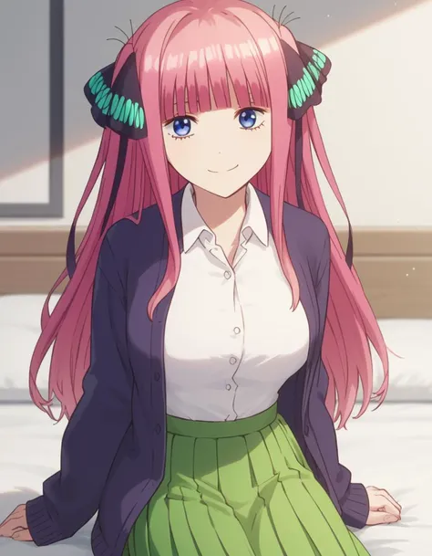 score_9, score_8_up, score_7_up, source_anime,
ninonakano, <lora:nino-nakano-s1-ponyxl-lora-nochekaiser:1>,
nino nakano, long hair, bangs, blue eyes, hair ornament, hair ribbon, pink hair, blunt bangs, two side up, butterfly hair ornament, mature female,
skirt, shirt, long sleeves, white shirt, pleated skirt, open clothes, collared shirt, sleeves past wrists, dress shirt, cardigan, open cardigan, black cardigan, skirt, green skirt,
indoors, bed room, bed, sitting, smile,
looking at viewer,