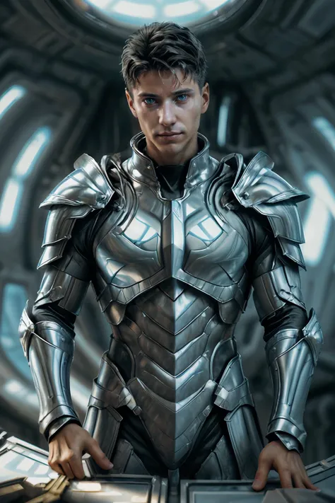 lukas <lora:lukas_y-04:0.8> heroic pose, wearing futuristic chr0me4rmor warrior knight armor, in spaceship, relaxed confident expression, <lora:Clothing - Chrome Armor:0.6>, art by greg rutkowski and artgerm, soft cinematic light, adobe lightroom, photolab, hdr, intricate, highly detailed, ((((depth of field))))