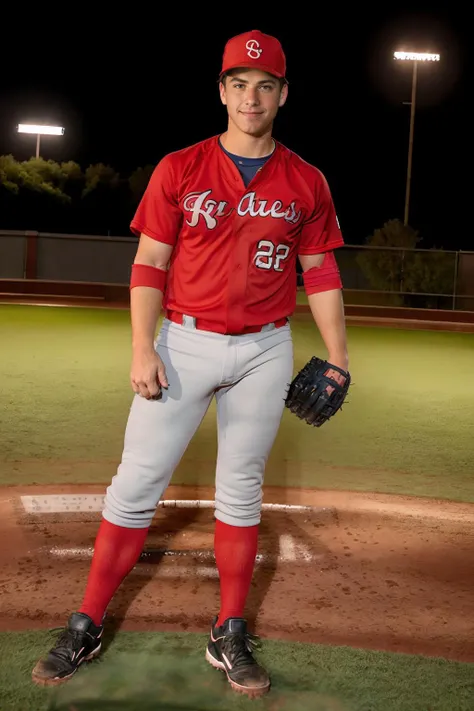 late evening, baseball field, stadium lighting, standing on pitching mound, lukas, slight smile, baseballplayer, red (baseball uniform), red jersey, wearing baseball cap, gray pants, (((wearing baseball mitt))), (throwing baseball), dynamic action, (((full body portrait))), wide angle, <lora:Clothing - Sexy Baseball Player:0.75> <lora:lukas_y:0.8>