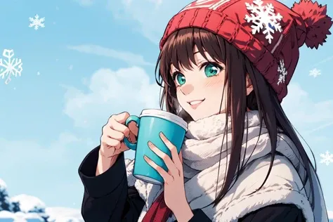 (RAW photo, best quality), 1girl, natural lighting, solo, light smile, outdoor,
<lora:srw_setsuko_ohara_v1_2-000005:1>, setsuko ohara,
winter, scarf, beanie hat, drinking coffee, snowflake, aroma,