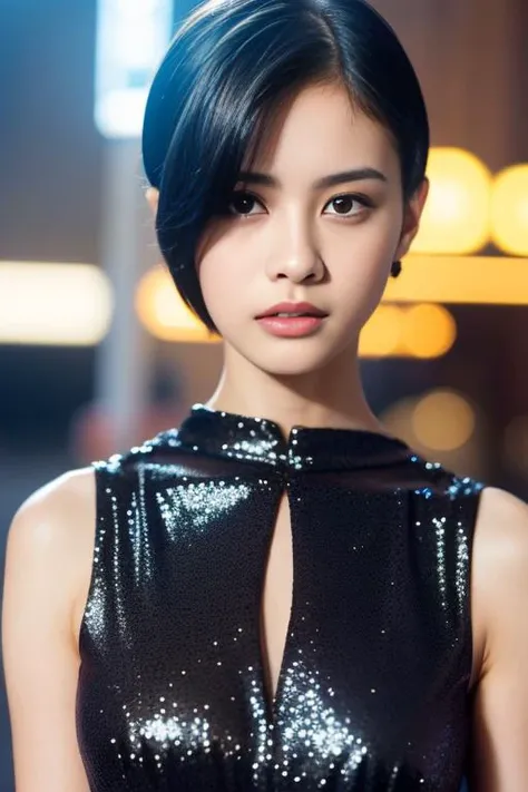 1girl,(wearing a sleeveless glittery evening dress:1.2),(RAW photo, best quality), (realistic, photo-realistic:1.4), masterpiece, an extremely delicate and beautiful, extremely detailed, 2k wallpaper, Amazing, finely detail, extremely detailed CG unity 8k wallpaper, ultra-detailed, highres, soft light, beautiful detailed girl, extremely detailed eyes and face, beautiful detailed nose, beautiful detailed eyes,cinematic lighting,city lights at night,perfect anatomy,slender body <lora:anzaiseira_lora:0.8>
