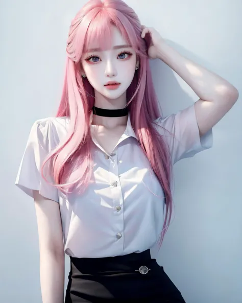 (masterpiece, best quality, 1girl, solo, intricate details, chromatic aberration), (realistic),(skin), ((breath)),(black hair,chignon,blunt bangs),detailed hair, red head ornament, blue highlights, hair over one eye,purple eyes, earrings, sharp eyes, choker,((white shirt short sleeve)),((black pencil short skirt)),((symmetry eyes)),((perfect symmetrical body)),(pureerosface_v1:0.3), night,(((natural light))),backlighting,against grey wall, dim lighting ,look at viewer,((centered shot, from front,(face and waist))),<lora:koreandolllikenessV20_v20:0.2>, <lora:fashionGirl_v51:0.2>, <lora:thaiUniversity_v10:0.9>