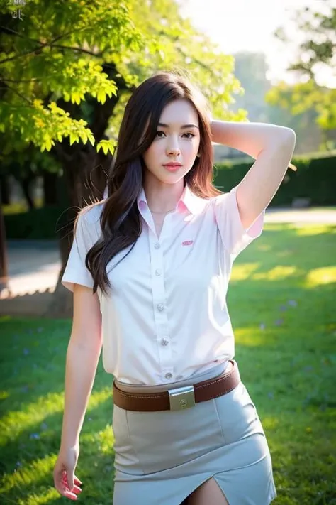 ((ultra-detailed)),(8k photo, RAW photo, best quality, masterpiece:1.2), (young cute beautiful 20-year-old girl:1.2), 3d face, beautiful girl, Beautiful face, pretty, girl face, kpop idol, supermodel, stunning innocent symmetry face, perfect body, medium breast, slim waist, slim legs, (high detailed skin:1.4), glasses , glowing eyes, goddess, natural skin texture, shiny skin, White skin, Beautiful detailed face, detailed face, real skin texture, cute delicate face, finely detailed face, golden ratio, golden ratio face, expressive eyes, perfect face, perfect skin, flawless face, clear face, shiny hair, long hair, pale skin, Proper body proportion, perfect anatomy, realistic skin texture, luscious lips, glossy lips, natural makeup, beautiful bright pupils, slender figure, intricate eyes, detailed pupils, detailed face and eyes, long eyelashes, blush, good hand, perfect hands, pretty face, beautiful female bodies, finely detailed skin, oily shiny skin, 1girl, solo,mole on the lips, looking at viewer, professional lighting, photon mapping, radiosity, physically-based rendering, lens 135mm, f1.6, close-up, head out of frame, looking at viewer, smile, so pretty, breasts, medium breasts, slim, (outdoors, sunlight, , Korea style ), (pink eyes, brown hair, long hair, Pink eyelashes:1.4), (Pink lips, Pink lip colour, Eyes glowing Pink:1.4), (messy hair, blush, open mouth, smile, iridescent colors, flat bangs:1.3), (Sakura tree background, petals falling, wet grass and trees, flower sea, in a meadow, waterfall, breeze, flying splashes, flying petals, leaves, bloom, bloom effect, surrounded by heavy floating petal flow, petal, butterfly, flower, detailed beautiful grassland with petal, flowers, plants, nature, Purple rose, many Purple roses, leaves falling from the tree, candle in the wind flickering, floating colorful sparkles, dust is drifting, fog, wind:1.3),  (Luminescent Particles:1.2), (mysterious, fantasy, fantasy background, :1.2), (fullbody:1.2), (eye focus, face focus, character focus, close-up face:1.2), (dutch angle, cowboy shot:1.3), (hand of Guido Daniele:1.4), colorful refraction)))), BREAK, <watercolor, available light, detailed light, volumetric fog, beautiful lighting, Rembrandt lighting, Cinematic, pixel art, game art, key visual, surreal, PBR Texturing, Anisotropic Filtering, Maximum Clarity And Sharpness, Albedo And Specular Maps, Multi-Layered Textures, Surface Shading, Sub-Pixel Convolution, Sub-Pixel Convolution, Accurate Simulation Of Light-Material Interaction, blurry foreground, broad light, volumetric light effect, matte painting, perfectly defined features, volumetric lighting, Tone Mapping, Lumen Reflections, Global illumination, Ray Tracing, Screen Space Global Illumination, Accent Lighting, 32k, Natural Lighting, volumetric, cinematic masterpiece, Rule of thirds, high dynamic range, Multi-exposure HDR capture, cinematic render, game cg cinematic, atmospheric perspective, movie scene, epic dynamic frame, motion blur, ((cinematic look, Film look)), rim light, 4k textures, adobe lightroom, photolab, insane details, hyperdetailed, exposure blend, professional color grading, professional color correction, aerial perspective, particles and dust in beams of light, cinematic scene, dynamic lighting, sharp details, Lomography, soft focus, light leaks, bold hues, atmospheric depth, (explosive light and shadow:1.2), aesthetics, intricate designs, ultra realistic digital art, (zentangle, mandala, tangle, entangle), (fractal art), elegant, vivid colours, floating particles, particles, dramatic, epic, (ink drawing, oil painting detailed), (dramatic lighting:1.2), RAW, huge filesize, extremely detailed CG, Photo, 8k uhd, cinematic atmosphere, trending on artstation, award-winning glamour photograph, highly detailed photo, official art, beautiful and aesthetic, unity 8k wallpaper, beautiful, highly detailed CG illustration, best illustration, intricate, Amazing, emotional, analog, painting, digital painting, concept art, Oil Painting, illustration, Classical art, Renaissance, Romanticism, Neoclassicism, Color Palette, depth and contrast, Vibrant colors, saturated, rich saturation, color harmony, vivid palette, concept-art, design style, detail character, concept render, colorful, analog photography, dreamy atmosphere, specular highlights, atmospheric lighting, (dynamic angle, dynamic pose :1.3), (shiny, clothes reflecting light, lens flare, bloom effect, light particle, lens glare:1.3), realistic lighting, cinematic light, (cinematic lighting), light in the face, soft lighting, saturated colors, detailed background, sharp focus, 8k high definition, perspective, Master Composition, roughness, post-processing, soft shadows, realistic shadows, ambient occlusion, ray-tracing, subsurface scattering, photon mapping, physically-based rendering, octane rendering, unreal engine 5, ue5 rendering, Adobe After FX, dslr, RTX, Best character details, radiosity, sharp, antialiased, RAW photo, HDR, 8k, 4k, (((Photographed by Roger Deakins, using a RED Monstro 8K VV camera and a series of high-end lenses))), ((Hasselblad photography)), (film grain:1.4), kodak portra 400, ((Fujifilm X-T5)), professional photograph, depth of field, caustics, Broad lighting, diffuse lighting, rim lighting, two tone lighting, textile details, visible pores, high resolution scan, professionally color graded, photographic reality, automatic white balance, best lighting, detailed shadow, high contrast, strong light and shadow>, (PureErosFace_V1:0.4), (ulzzang-6500:0.6), <lora:add_detail:0.15>,(white shirt short sleeves), (black mini skirt) , (black belt) ,<lora:mahalaiuniform-000001:1> <lora:mahalaiuniform-000001_41704:0.800000>