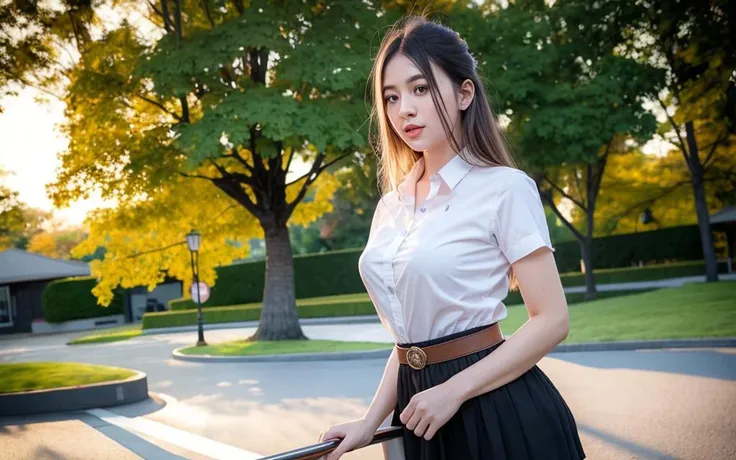 ((ultra-detailed)),(8k photo, RAW photo, best quality, masterpiece:1.2), (young cute beautiful 20-year-old girl:1.2), 3d face, beautiful girl, Beautiful face, pretty, girl face, kpop idol, supermodel, stunning innocent symmetry face, perfect body, medium breast, slim waist, slim legs, (high detailed skin:1.4), glasses , glowing eyes, goddess, natural skin texture, shiny skin, White skin, Beautiful detailed face, detailed face, real skin texture, cute delicate face, finely detailed face, golden ratio, golden ratio face, expressive eyes, perfect face, perfect skin, flawless face, clear face, shiny hair, long hair, pale skin, Proper body proportion, perfect anatomy, realistic skin texture, luscious lips, glossy lips, natural makeup, beautiful bright pupils, slender figure, intricate eyes, detailed pupils, detailed face and eyes, long eyelashes, blush, good hand, perfect hands, pretty face, beautiful female bodies, finely detailed skin, oily shiny skin, 1girl, solo, looking at viewer, professional lighting, photon mapping, radiosity, physically-based rendering, lens 135mm, f1.6, close-up, head out of frame, looking at viewer, smile, so pretty, breasts, medium breasts, slim, (outdoors, sunlight, , Korea style ), (pink eyes, brown hair, long hair, Pink eyelashes:1.4), (Pink lips, Pink lip colour, Eyes glowing Pink:1.4), (messy hair, blush, open mouth, smile, iridescent colors, flat bangs:1.3), (Sakura tree background, petals falling, wet grass and trees, flower sea, in a meadow, waterfall, breeze, flying splashes, flying petals, leaves, bloom, bloom effect, surrounded by heavy floating petal flow, petal, butterfly, flower, detailed beautiful grassland with petal, flowers, plants, nature, Purple rose, many Purple roses, leaves falling from the tree, candle in the wind flickering, floating colorful sparkles, dust is drifting, fog, wind:1.3), (Luminescent Particles:1.2), (mysterious, fantasy, fantasy background, :1.2), (fullbody:1.2), (eye focus, face focus, character focus, close-up face:1.2), (dutch angle, cowboy shot:1.3), (hand of Guido Daniele:1.4), colorful refraction)))), BREAK, <watercolor, available light, detailed light, volumetric fog, beautiful lighting, Rembrandt lighting, Cinematic, pixel art, game art, key visual, surreal, PBR Texturing, Anisotropic Filtering, Maximum Clarity And Sharpness, Albedo And Specular Maps, Multi-Layered Textures, Surface Shading, Sub-Pixel Convolution, Sub-Pixel Convolution, Accurate Simulation Of Light-Material Interaction, blurry foreground, broad light, volumetric light effect, matte painting, perfectly defined features, volumetric lighting, Tone Mapping, Lumen Reflections, Global illumination, Ray Tracing, Screen Space Global Illumination, Accent Lighting, 32k, Natural Lighting, volumetric, cinematic masterpiece, Rule of thirds, high dynamic range, Multi-exposure HDR capture, cinematic render, game cg cinematic, atmospheric perspective, movie scene, epic dynamic frame, motion blur, ((cinematic look, Film look)), rim light, 4k textures, adobe lightroom, photolab, insane details, hyperdetailed, exposure blend, professional color grading, professional color correction, aerial perspective, particles and dust in beams of light, cinematic scene, dynamic lighting, sharp details, Lomography, soft focus, light leaks, bold hues, atmospheric depth, (explosive light and shadow:1.2), aesthetics, intricate designs, ultra realistic digital art, (zentangle, mandala, tangle, entangle), (fractal art), elegant, vivid colours, floating particles, particles, dramatic, epic, (ink drawing, oil painting detailed), (dramatic lighting:1.2), RAW, huge filesize, extremely detailed CG, Photo, 8k uhd, cinematic atmosphere, trending on artstation, award-winning glamour photograph, highly detailed photo, official art, beautiful and aesthetic, unity 8k wallpaper, beautiful, highly detailed CG illustration, best illustration, intricate, Amazing, emotional, analog, painting, digital painting, concept art, Oil Painting, illustration, Classical art, Renaissance, Romanticism, Neoclassicism, Color Palette, depth and contrast, Vibrant colors, saturated, rich saturation, color harmony, vivid palette, concept-art, design style, detail character, concept render, colorful, analog photography, dreamy atmosphere, specular highlights, atmospheric lighting, (dynamic angle, dynamic pose :1.3), (shiny, clothes reflecting light, lens flare, bloom effect, light particle, lens glare:1.3), realistic lighting, cinematic light, (cinematic lighting), light in the face, soft lighting, saturated colors, detailed background, sharp focus, 8k high definition, perspective, Master Composition, roughness, post-processing, soft shadows, realistic shadows, ambient occlusion, ray-tracing, subsurface scattering, photon mapping, physically-based rendering, octane rendering, unreal engine 5, ue5 rendering, Adobe After FX, dslr, RTX, Best character details, radiosity, sharp, antialiased, RAW photo, HDR, 8k, 4k, (((Photographed by Roger Deakins, using a RED Monstro 8K VV camera and a series of high-end lenses))), ((Hasselblad photography)), (film grain:1.4), kodak portra 400, ((Fujifilm X-T5)), professional photograph, depth of field, caustics, Broad lighting, diffuse lighting, rim lighting, two tone lighting, textile details, visible pores, high resolution scan, professionally color graded, photographic reality, automatic white balance, best lighting, detailed shadow, high contrast, strong light and shadow>, (PureErosFace_V1:0.4), (ulzzang-6500:0.6), <lora:add_detail:0.15>,(white shirt short sleeves),((black mini skirt)), (black belt) , <lora:mahalaiuniform-000001:1> <lora:mahalaiuniform-000001_41704:0.800000>