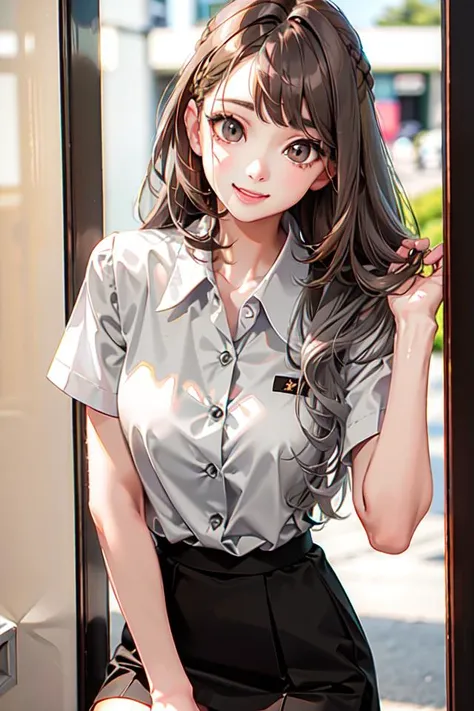 Super high quality, 8K, upper body, don't leak fingers, 1 girl, smile, solo, white skin, office, white shirt