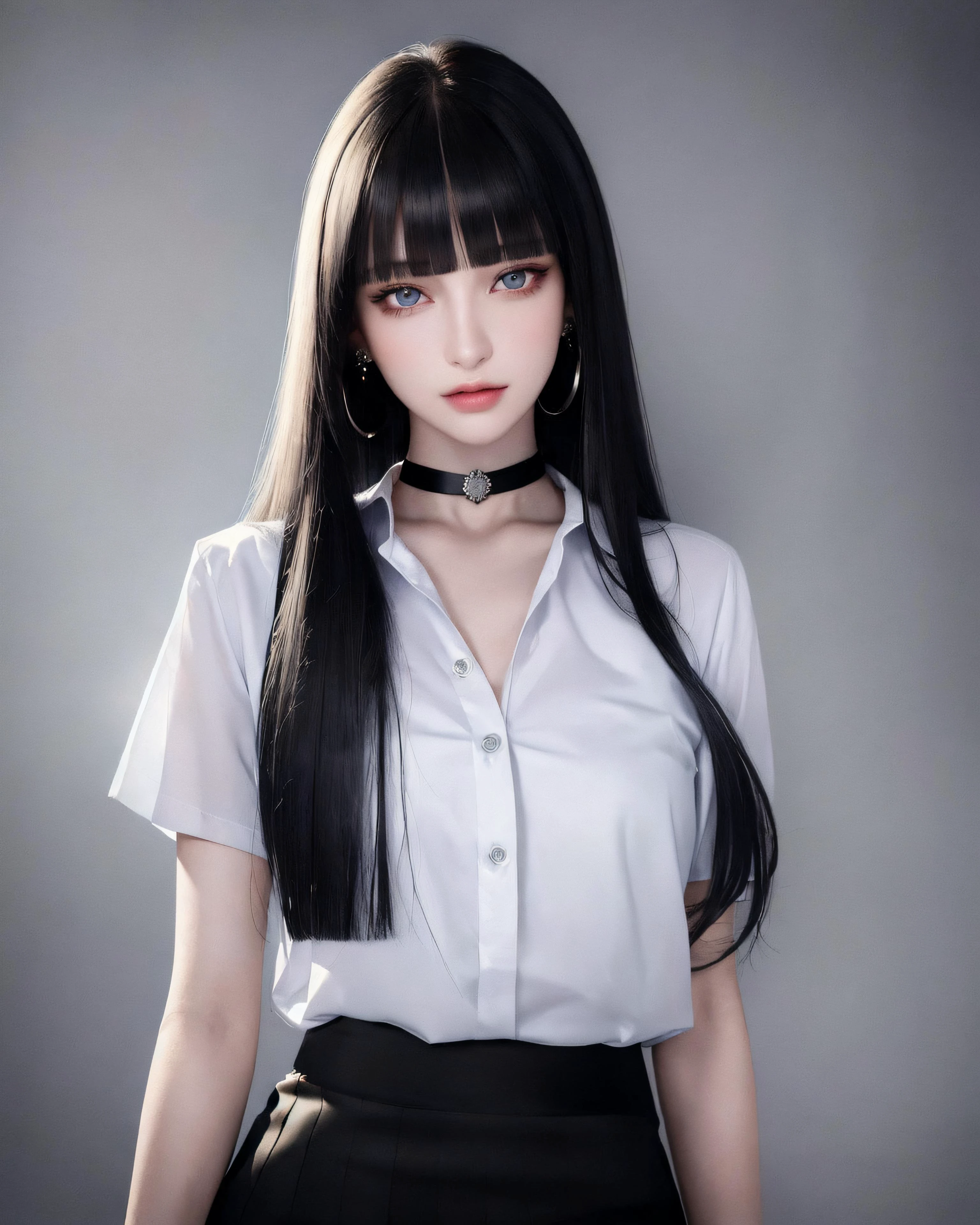 (masterpiece, best quality, 1girl, solo, intricate details, chromatic aberration), (realistic),(skin), ((breath)),(pink hair,blunt bangs),detailed hair, red head ornament, blue highlights, hair over one eye,purple eyes, earrings, sharp eyes, choker,((white shirt short sleeve)),((black pencil short skirt)),((symmetry eyes)),((perfect symmetrical body)),(pureerosface_v1:0.3), night,(((natural light))),backlighting,against grey wall, dim lighting ,look at viewer,((centered shot, from front,(face and waist))),<lora:koreandolllikenessV20_v20:0.4>, <lora:fashionGirl_v51:0.2>, <lora:thaiUniversity_v10:0.9>