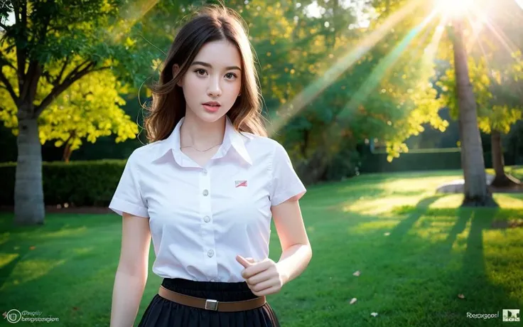((ultra-detailed)),(8k photo, RAW photo, best quality, masterpiece:1.2), (young cute beautiful 20-year-old girl:1.2), 3d face, beautiful girl, Beautiful face, pretty, girl face, kpop idol, supermodel, stunning innocent symmetry face, perfect body, medium breast, slim waist, slim legs, (high detailed skin:1.4), glasses , glowing eyes, goddess, natural skin texture, shiny skin, White skin, Beautiful detailed face, detailed face, real skin texture, cute delicate face, finely detailed face, golden ratio, golden ratio face, expressive eyes, perfect face, perfect skin, flawless face, clear face, shiny hair, long hair, pale skin, Proper body proportion, perfect anatomy, realistic skin texture, luscious lips, glossy lips, natural makeup, beautiful bright pupils, slender figure, intricate eyes, detailed pupils, detailed face and eyes, long eyelashes, blush, good hand, perfect hands, pretty face, beautiful female bodies, finely detailed skin, oily shiny skin, 1girl, solo, looking at viewer, professional lighting, photon mapping, radiosity, physically-based rendering, lens 135mm, f1.6, close-up, head out of frame, looking at viewer, smile, so pretty, breasts, medium breasts, slim, (outdoors, sunlight, , Korea style ), (pink eyes, brown hair, long hair, Pink eyelashes:1.4), (Pink lips, Pink lip colour, Eyes glowing Pink:1.4), (messy hair, blush, open mouth, smile, iridescent colors, flat bangs:1.3), (Sakura tree background, petals falling, wet grass and trees, flower sea, in a meadow, waterfall, breeze, flying splashes, flying petals, leaves, bloom, bloom effect, surrounded by heavy floating petal flow, petal, butterfly, flower, detailed beautiful grassland with petal, flowers, plants, nature, Purple rose, many Purple roses, leaves falling from the tree, candle in the wind flickering, floating colorful sparkles, dust is drifting, fog, wind:1.3), (Luminescent Particles:1.2), (mysterious, fantasy, fantasy background, :1.2), (fullbody:1.2), (eye focus, face focus, character focus, close-up face:1.2), (dutch angle, cowboy shot:1.3), (hand of Guido Daniele:1.4), colorful refraction)))), BREAK, <watercolor, available light, detailed light, volumetric fog, beautiful lighting, Rembrandt lighting, Cinematic, pixel art, game art, key visual, surreal, PBR Texturing, Anisotropic Filtering, Maximum Clarity And Sharpness, Albedo And Specular Maps, Multi-Layered Textures, Surface Shading, Sub-Pixel Convolution, Sub-Pixel Convolution, Accurate Simulation Of Light-Material Interaction, blurry foreground, broad light, volumetric light effect, matte painting, perfectly defined features, volumetric lighting, Tone Mapping, Lumen Reflections, Global illumination, Ray Tracing, Screen Space Global Illumination, Accent Lighting, 32k, Natural Lighting, volumetric, cinematic masterpiece, Rule of thirds, high dynamic range, Multi-exposure HDR capture, cinematic render, game cg cinematic, atmospheric perspective, movie scene, epic dynamic frame, motion blur, ((cinematic look, Film look)), rim light, 4k textures, adobe lightroom, photolab, insane details, hyperdetailed, exposure blend, professional color grading, professional color correction, aerial perspective, particles and dust in beams of light, cinematic scene, dynamic lighting, sharp details, Lomography, soft focus, light leaks, bold hues, atmospheric depth, (explosive light and shadow:1.2), aesthetics, intricate designs, ultra realistic digital art, (zentangle, mandala, tangle, entangle), (fractal art), elegant, vivid colours, floating particles, particles, dramatic, epic, (ink drawing, oil painting detailed), (dramatic lighting:1.2), RAW, huge filesize, extremely detailed CG, Photo, 8k uhd, cinematic atmosphere, trending on artstation, award-winning glamour photograph, highly detailed photo, official art, beautiful and aesthetic, unity 8k wallpaper, beautiful, highly detailed CG illustration, best illustration, intricate, Amazing, emotional, analog, painting, digital painting, concept art, Oil Painting, illustration, Classical art, Renaissance, Romanticism, Neoclassicism, Color Palette, depth and contrast, Vibrant colors, saturated, rich saturation, color harmony, vivid palette, concept-art, design style, detail character, concept render, colorful, analog photography, dreamy atmosphere, specular highlights, atmospheric lighting, (dynamic angle, dynamic pose :1.3), (shiny, clothes reflecting light, lens flare, bloom effect, light particle, lens glare:1.3), realistic lighting, cinematic light, (cinematic lighting), light in the face, soft lighting, saturated colors, detailed background, sharp focus, 8k high definition, perspective, Master Composition, roughness, post-processing, soft shadows, realistic shadows, ambient occlusion, ray-tracing, subsurface scattering, photon mapping, physically-based rendering, octane rendering, unreal engine 5, ue5 rendering, Adobe After FX, dslr, RTX, Best character details, radiosity, sharp, antialiased, RAW photo, HDR, 8k, 4k, (((Photographed by Roger Deakins, using a RED Monstro 8K VV camera and a series of high-end lenses))), ((Hasselblad photography)), (film grain:1.4), kodak portra 400, ((Fujifilm X-T5)), professional photograph, depth of field, caustics, Broad lighting, diffuse lighting, rim lighting, two tone lighting, textile details, visible pores, high resolution scan, professionally color graded, photographic reality, automatic white balance, best lighting, detailed shadow, high contrast, strong light and shadow>, (PureErosFace_V1:0.4), (ulzzang-6500:0.6), <lora:add_detail:0.15>,(white shirt short sleeves),((black mini skirt)), (black belt) , <lora:mahalaiuniform-000001:1> <lora:mahalaiuniform-000001_41704:0.800000>