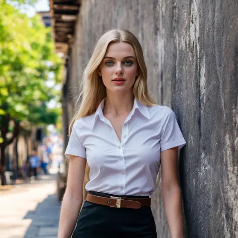 8k, stunning quality, high resolution, photo, 1 girl, (young beautiful photogenic russian queen: 1.5), (sexy pose), natural breast, (laugh smile:0.6),  <lora:EnglishDollLikeness_v10:0.7>, pencil skirt, white shirt short sleeves, belt,  <lora:mahalaiuniform-000001:0.6>, (thai alley background), light skin complexion, natural light, sharp focus, good aesthetic, leica q2,