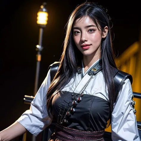 (realistic:1.3), finely detailed, quality, rembrandt lighting, (masterpiece:1.2), (photorealistic:1.2), (best quality), (detailed skin:1.3), (intricate details), dramatic, ray tracing, 1girl, east asian girl, smiling, long hair, 22 years old, medium breasts, colorful clothes, (hanfu:1.2), (mechanical arms:1.4), (robotic parts:1.2), (warm light, rim lights, futuristic, Inn, low light, dark theme), solo, looking at viewer,  <lora:mahalaiuniform:0.8>,  <lora:add_detail:0.8>