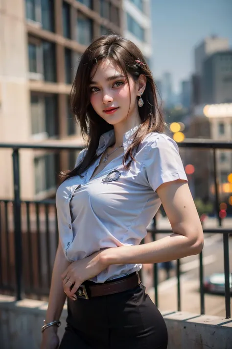(masterpiece:1.3), (best quality:1.3), (realistic:1.3), (photorealistic:1.4), (extremely intricate:1.3), (exquisitely detailed skin), cinematic light, rimlight, vibrant color, depth of field, ultra high res, 8k, uhd, hyper realistic, perfect anatomy, best shadow, ray tracing, delicate, intricate detailed, raw photo, hdr, sharp focus, 1girl, solo, white skin, random hairstyle, (large breasts:1.3), beautiful woman wearing mahalaiuniform, white shirt short sleeves, black pencil skirt, belt, hairband, hairclip, gloss lips, eyeshadow, jewelry, earrings, necklace, high heels, looking at viewer, naughty face, naughty smile, dynamic pose, scenery, city, cityscape, landscape, street <lora:ThaiDollLikeness_v10:0.6> <lora:mahalaiuniform:0.6>