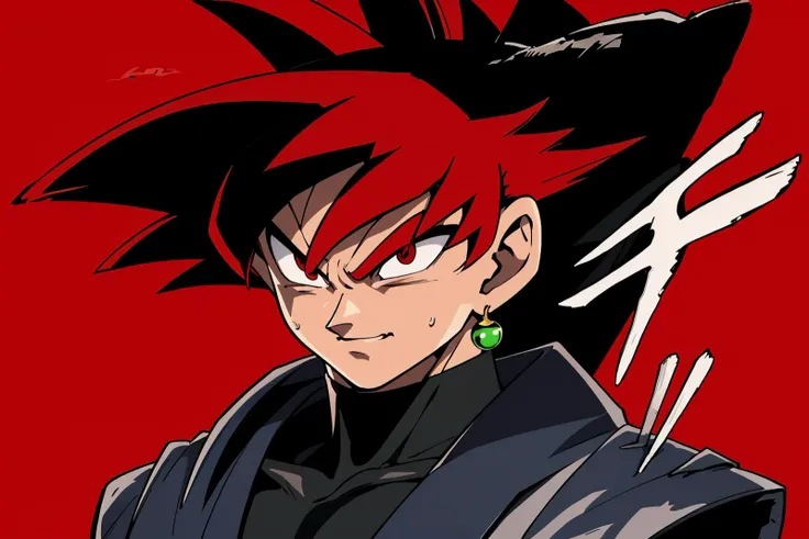 <lora:Goku_Black:0.7>, Best_QualityPos, RAW photo, intricate details, best quality, 8k uhd, soft lighting, 1boy, solo, red eyes, red hair, spiked hair, single earring, dougi, IncrsPersCutIn, simple background, <lora:PersonaCutInV2:0.9>