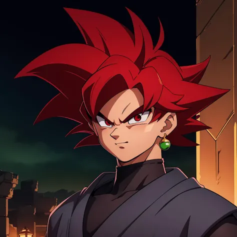 <lora:Goku_Black:0.7>, Best_QualityPos, RAW photo, intricate details, best quality, 8k uhd, soft lighting, 1boy, solo, red eyes, red hair, two-tone hair, spiked hair, single earring, dougi