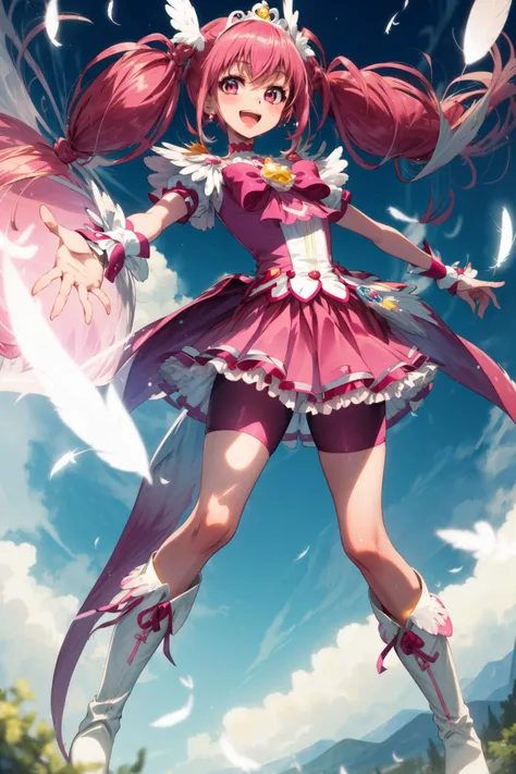 masterpiece,best quality,1girl,cure happy,low twintails,feather hair ornament,skirt,tiara,wrist cuffs,pink shorts,shorts under skirt,boots,dynamic pose,smile,open mouth,happy,blue sky,<lora:locon_cure_happy_1:0.9>,