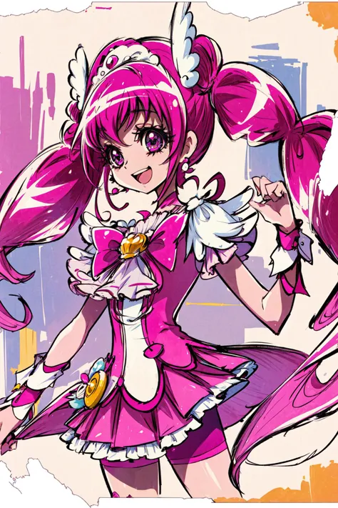 masterpiece,best quality,((SFW)),1girl,cure melody,navel,(pink hair ribbon:1.2),hairband,pink thighhighs,pink shoes,wrist cuffs,twintails,gem,frills,bike shorts,smile,open mouth,upper body,<lora:locon_cure_melody_5:0.9>,<lora:KamikitaV2:0.8>,